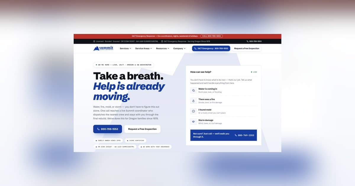 Summit Cleaning & Restoration Launches Redesigned Website Ahead of Oregon's Wet Season
