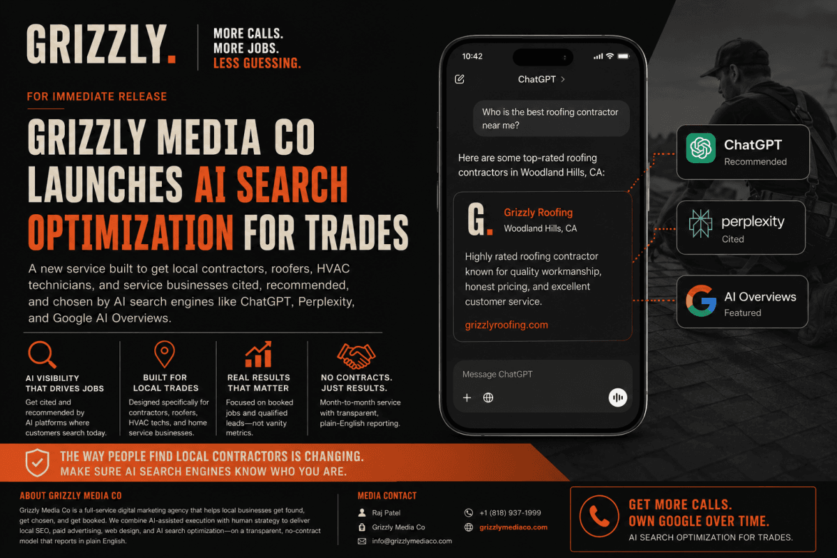 Grizzly Media Co Launches AI Search Optimization for Trades to Boost Visibility in ChatGPT and Google AI Overviews